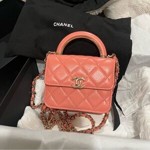 CHANEL Lambskin Paris Le19M Pink Quilted Top-Handle Mini Bag with Chain Strap